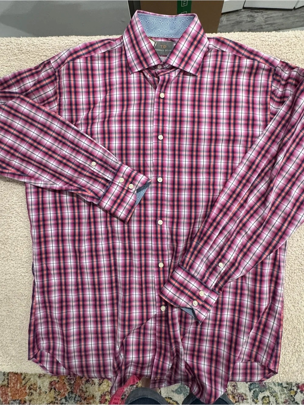 Thomas Dean Men’s L Pima Cotton Plaid Shirt Pink Orange Blue Button‑Down
